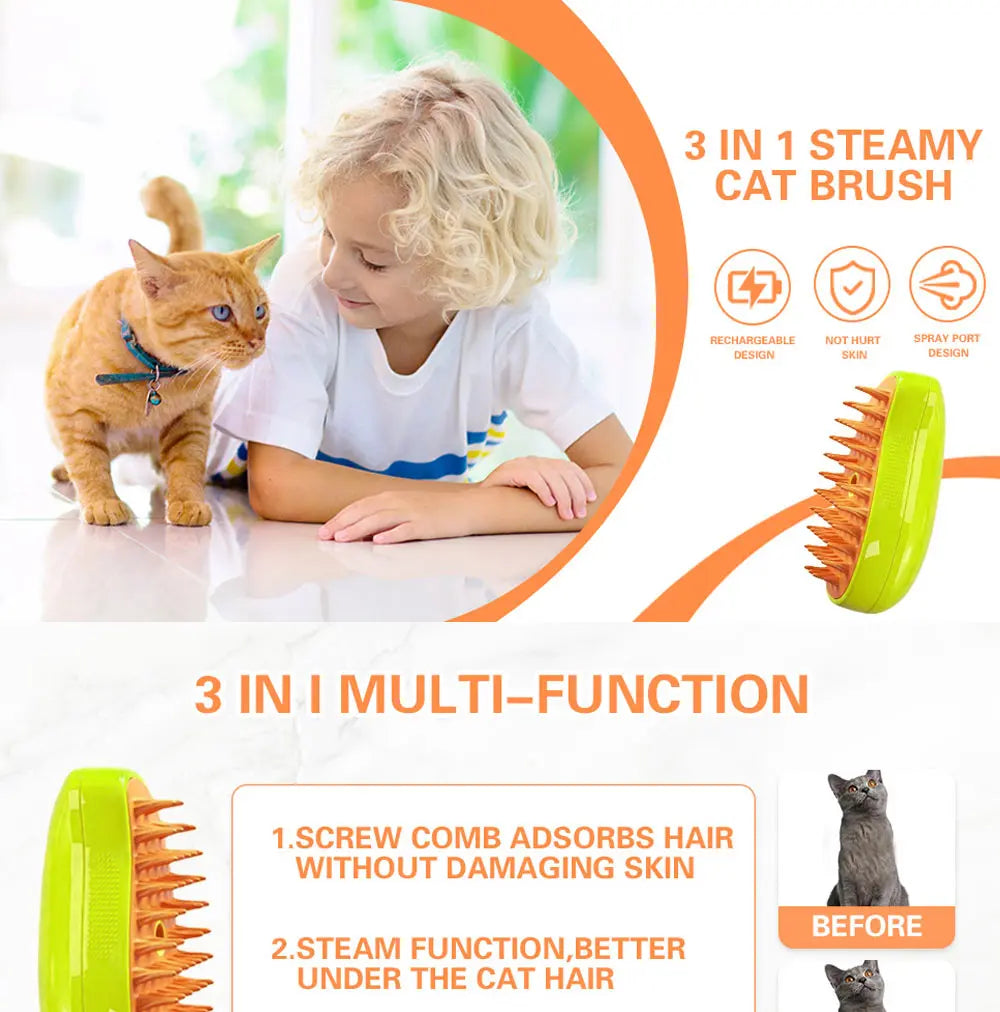 Elektrische 3-in-1 Stoomborstel voor Katten & Honden 🐱🐶 – Voor Ontklitten, Masseren & Verharen ✨