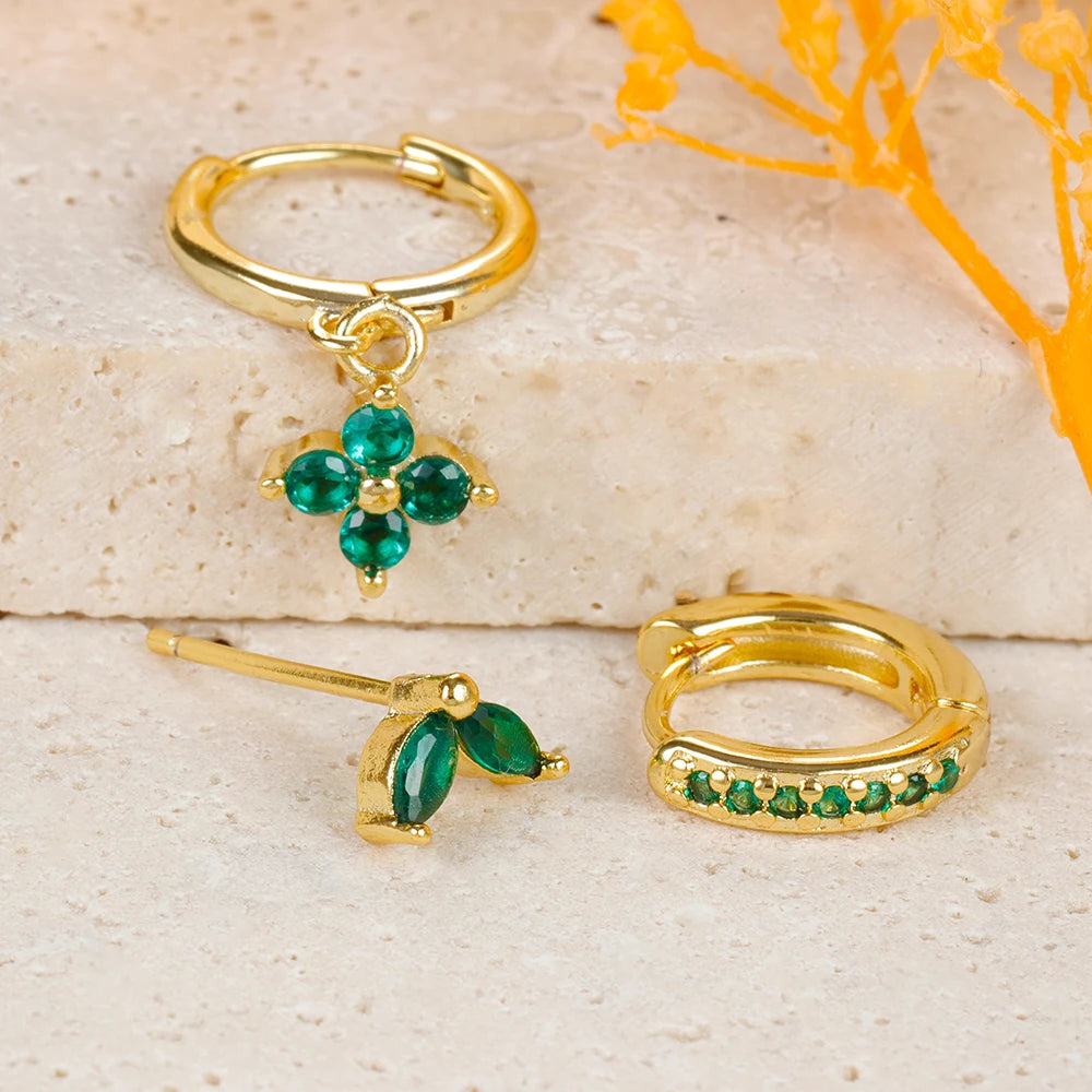 ✨ Emerald Bloom - 3-delige Set Groene Zirkoon Bloemoorbellen - Roestvrij Staal Dangle Sieraden voor Vrouwen