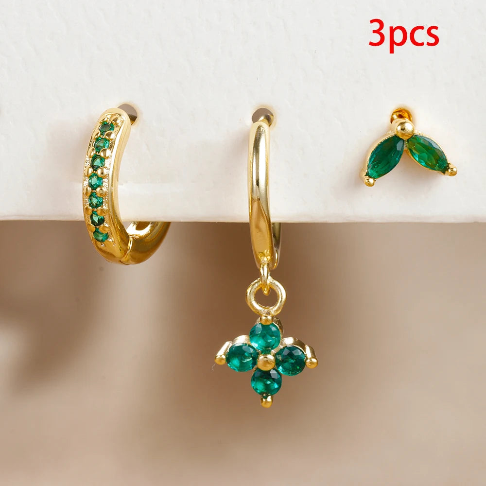 ✨ Emerald Bloom - 3-delige Set Groene Zirkoon Bloemoorbellen - Roestvrij Staal Dangle Sieraden voor Vrouwen